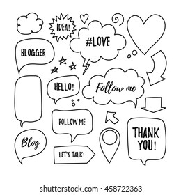 Vector speech bubbles with phrases Blogger, Blog, Love, follow me, Idea, Hello, Lets's talk, Thank you. Hand drawn blog labels, social media icons set.