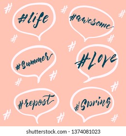 Vector speech bubbles with phrases Love, Summer, Spring, Repost. Hand drawn speech bubbles, blog label in grunge style with hashtag. Social media icons set.