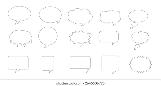 Vector Speech Bubbles Set, Black Icons Isolated on White Background. Comic book style outline chat, dialogue, and shout box shapes.