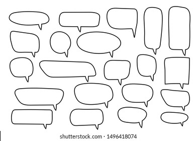 Vector speech bubbles set. Hand drawn speech bubbles set, doodle style, Blank empty vector speech bubbles. Cartoon outline balloon word design.