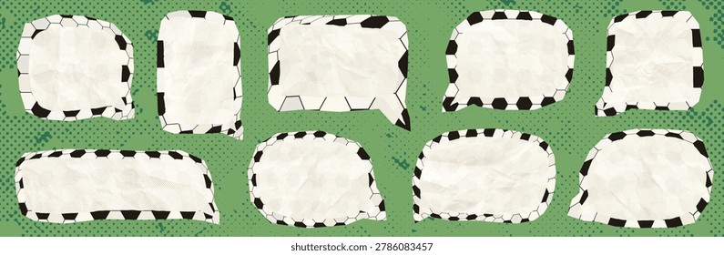 Vector speech bubbles with soccer ball pattern, Halftone text boxes with crumpled paper texture for journaling, scrapbooking, sport planners and posters