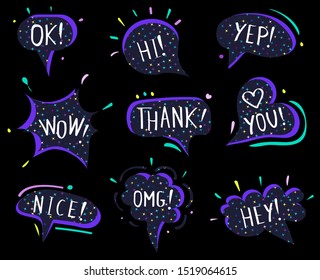 Vector speech clouds, stickers collection or set. Galaxy, universe, cosmic, stars, space print. Neon, trendy colors