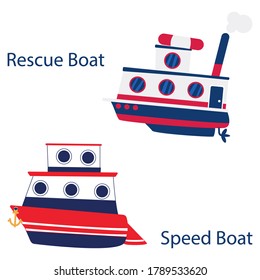 Vector speed boat with portholes and yellow anchor. Tugboat with the life ring on top and pipes. Red and blue isolated objects.