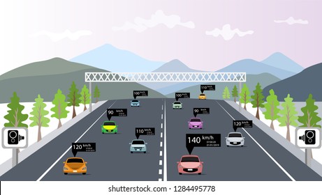 vector of speed cameras informations of car showing on each car with traffic in countryside