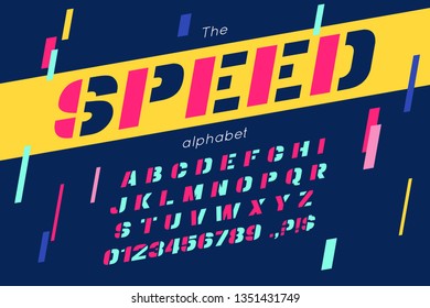 Vector speed font and alphabet. Abc, english letters and numbers