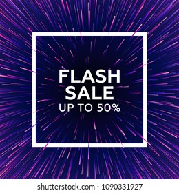 Vector speed of light illustraction. Space and stars on dark background fith a white frame and text placeholder. Flash Sale discount advertisement template