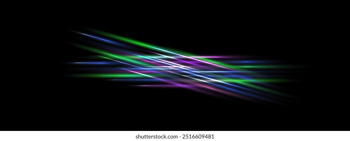 Vector speed light ray, Neon Green Purple blue parallel lines, Glowing laser beam. explosions of Flash light. Futuristic design elements, eps isolated on transparent background. 