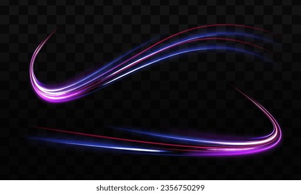 Vector speed of light in space on dark background. Abstract background in blue, yellow and orange neon colors. Magic of moving fast lines. Laser beams, horizontal light rays. Particle motion effect.