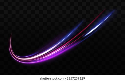 Vector speed of light in space on dark background. Abstract background in blue, yellow and orange neon colors. Magic of moving fast lines. Laser beams, horizontal light rays. Particle motion effect.