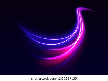 Vector speed of light in space on dark background. Abstract background in blue, yellow and orange neon colors. Magic of moving fast lines. Laser beams, horizontal light rays. Particle motion effect.