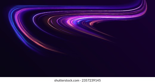 Vector speed of light in space on dark background. Abstract background in blue, yellow and orange neon colors. Magic of moving fast lines. Laser beams, horizontal light rays. Particle motion effect.