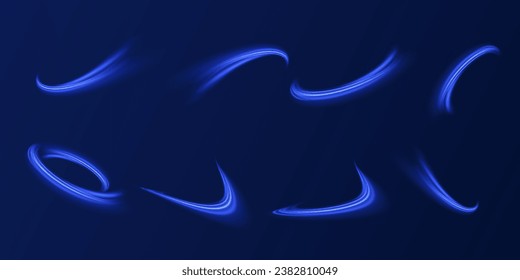 Vektorgeschwindigkeit des Lichts im Raum auf dunklem Hintergrund. Abstrakter Hintergrund in den Farben Blau, Gelb und Orange.