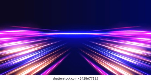 Vector speed of light in space on dark background. Abstract background in blue, yellow and orange neon colors. Magic of moving fast lines. Laser beams, horizontal light rays. Particle motion effect.	