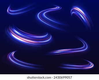 Vector speed of light in space on dark background. Abstract background in blue, yellow and orange neon colors. Magic of moving fast lines. Laser beams, horizontal light rays. Particle motion effect.