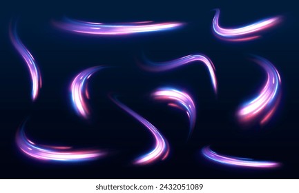 Vector speed of light in space on dark background. Abstract background in blue, yellow and orange neon colors. Magic of moving fast lines. Laser beams, horizontal light rays. Particle motion effect.