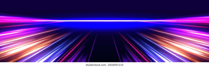 Vektorgeschwindigkeit des Lichts im Raum auf dunklem Hintergrund. Abstrakter Hintergrund in blauen, gelben und orangen Neonfarben. Magie der schnellen Linien. Laserstrahlen, horizontale Lichtstrahlen. Partikelbewegungseffekt.	