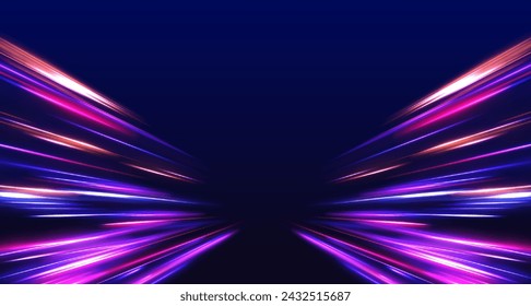 Velocidad vectorial de la luz en el espacio sobre fondo oscuro. Fondo abstracto en colores de neón azul, amarillo y naranja. Magia de las líneas rápidas en movimiento. Rayos láser, rayos de luz horizontal. Efecto de movimiento de partículas.	