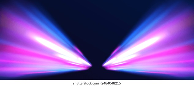 Vector speed of light in space on dark background. Abstract background in blue, yellow and orange neon colors. Magic of moving fast lines. Laser beams, horizontal light rays. Particle motion effect.	
