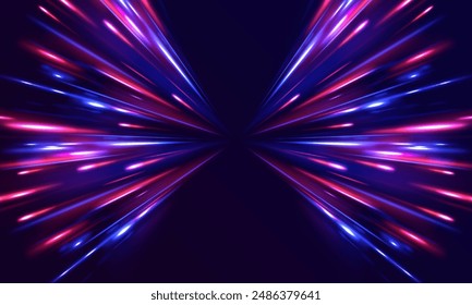 Vector speed of light in space on dark background. Abstract background in blue, yellow and orange neon colors. Magic of moving fast lines. Laser beams, horizontal light rays. Particle motion effect.	
