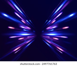 Vector speed of light in space on dark background. Abstract background in blue, yellow and orange neon colors. Magic of moving fast lines. Laser beams, horizontal light rays. Particle motion effect.	
