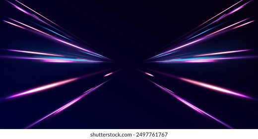 Vector de velocidad de la luz en el espacio sobre fondo oscuro. Fondo Abstractas en colores de neón azul, amarillo y naranja. Magia de mover líneas rápidas. Rayos láser, rayos de luz Horizontales. Efecto de movimiento de partículas.	
