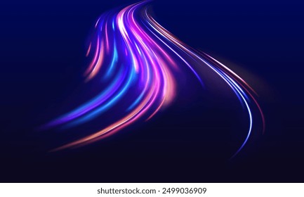 Vector speed of light in space on dark background. Abstract background in blue, yellow and orange neon colors. Magic of moving fast lines. Laser beams, horizontal light rays. Particle motion effect.	