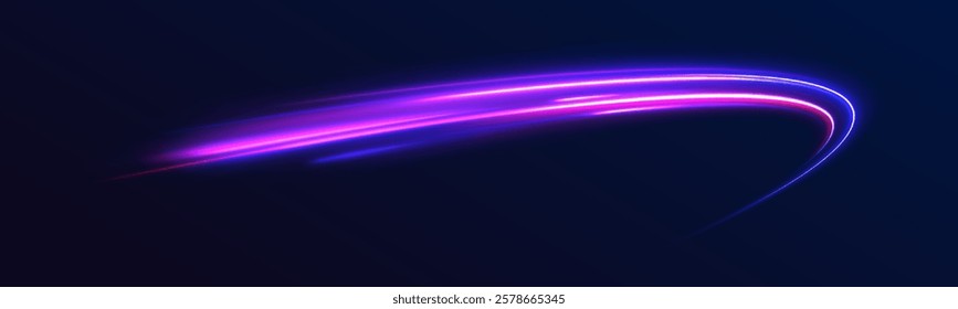 Vector speed of light in space on dark background. Abstract background in blue, yellow and orange neon colors.	