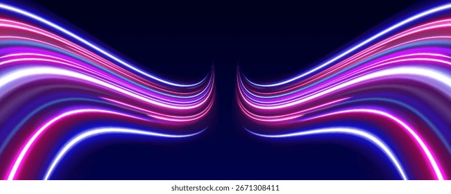 Vector speed of light in space on dark background. Abstract background in blue, yellow and orange neon colors.	
