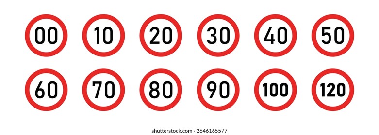Vetor de sinais de limite de velocidade de 00 a 120 em design circular vermelho, ideal para segurança de tráfego, condução e regras de estrada visuais.