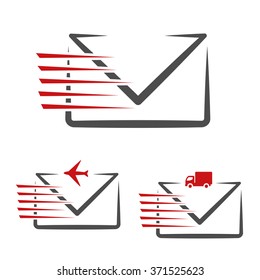 Vector speed symbol of delivery message e-mail. Fast air transport and freight traffic. Symbol of letters, envelopes.