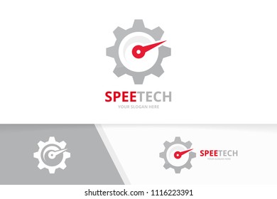 Vector speedometer and gear logo combination. Tachometer and mechanic symbol or icon. Unique speed and industrial logotype design template.