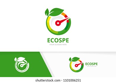 Vector speedometer and leaf logo combination. Tachometer and plant symbol or icon. Unique speedo and organic logotype design template.