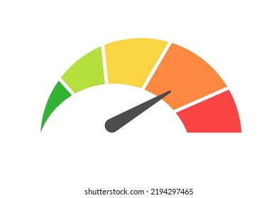 Velocímetro vectorial con flecha para el tablero de mandos con indicadores verdes, amarillos y rojos. Indicador del tacómetro. Niveles bajos, medios, altos y de riesgo. Miedo a las bitcoines y criptodivisa del índice de avaricia.