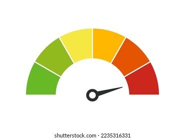 Vektor-Geschwindigkeitsmesser mit Pfeil für das Armaturenbrett mit grünen, gelben, orangefarbenen und roten Indikatoren. Spurweite des Tachometers. Niedrige, mittlere, hohe und risikobehaftete Werte. Bitcoin Angst und Gier Indexkryptowährung.