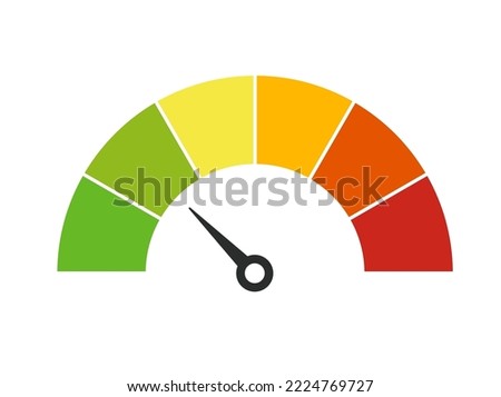 Vector speedometer meter with arrow for dashboard with green, yellow, orange and red indicators. Gauge of tachometer. Low, medium, high and risk levels. Bitcoin fear and greed index cryptocurrency.