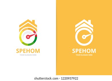 Vector speedometer and real estate logo combination. Tachometer and house symbol or icon. Unique speedo and rent logotype design template.