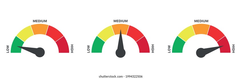 Vector Speedometer Scale from green to red with arrow and text low, medium and high
