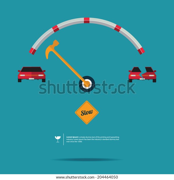 Vector\
of Speedometer and Slow Sign on Yellow Road Label\
