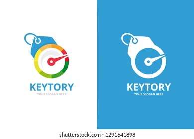 Vector speedometer and tag logo combination. Tachometer and shop symbol or icon. Unique speedo and label logotype design template.