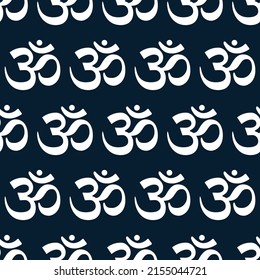 Vector speritual yoga chakra icon: sahasrara. Om meditation sign line tattoo symbol on a dark blue background seamless pattern