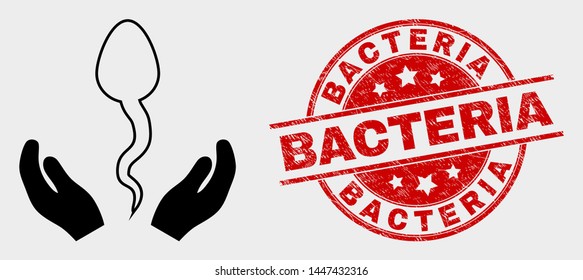 Vector sperm care hands icon and Bacteria seal stamp. Red round grunge watermark with Bacteria text. Vector combination for sperm care hands in flat style. Black isolated sperm care hands icon.