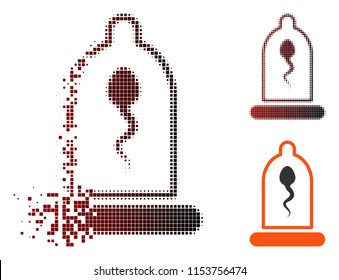 Vector sperm in condom icon in fractured, pixelated halftone and undamaged whole versions. Disintegration effect uses square scintillas and horizontal gradient from red to black.