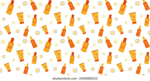 Vector spf protector solar cosméticos patrón sin fisuras. Protección solar y seguridad solar. Ilustración vectorial de línea dibujada a mano.