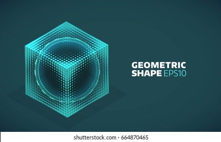 Vector sphere in cube isometric hologram. Abstract geometric flat shape