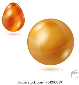 Vector Sphere and Egg - Side by Side - Geometrical Objects. Gold  Material. Spherical and Egg Shaped Item. Orb and Oval - Isolated on White Background 
