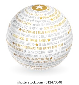 Vector Sphere with "Merry Christmas and Happy new year" in many languages with silver and golden colors.