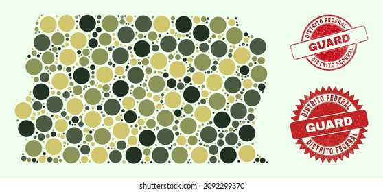 Vector spheric elements collage Brazil Distrito Federal map in camouflage colors, and dirty badges for guard and military services. Round red stamps include word GUARD inside.
