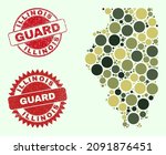 Vector spheric elements collage Illinois State map in khaki hues, and rubber stamp seals for guard and military services. Round red stamp seals include phrase GUARD inside.