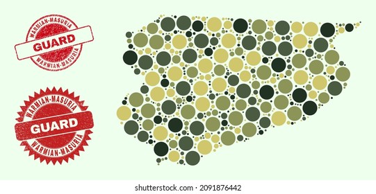 Vector spheric elements collage Warmian-Masurian Voivodeship map in camo colors, and corroded stamp prints for guard and military services. Round red seals include word GUARD inside.