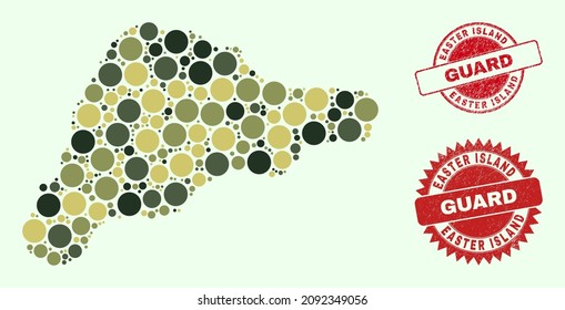 Vector spheric elements combination Easter Island map in camouflage colors, and scratched stamp prints for guard and military services. Round red stamp seals contain word GUARD inside.